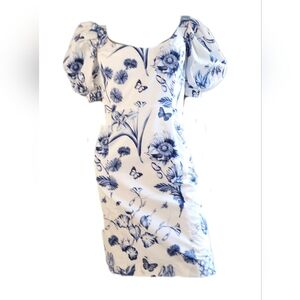 ♡□$2,800 NEW OSCAR DE LA RENTA WHITE BLUE FLORAL MIDI RUNWAY DRESS US M